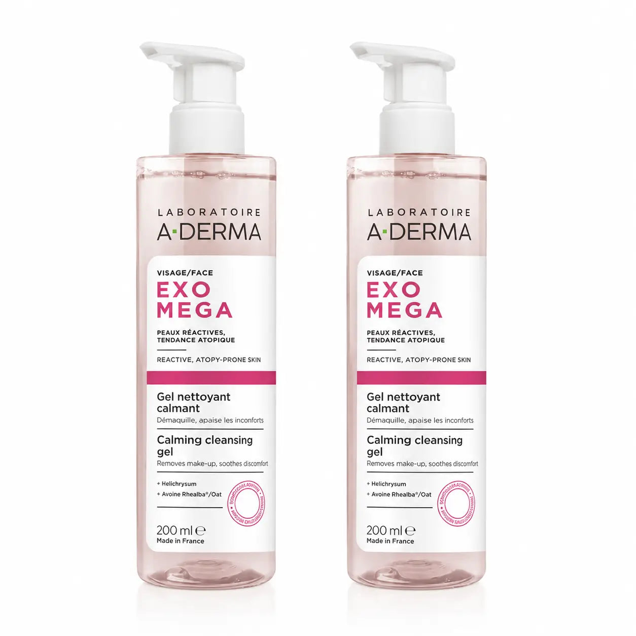 A-Derma Exomega Gel detergente lenitivo per il viso, 200 ml, confezione da 2