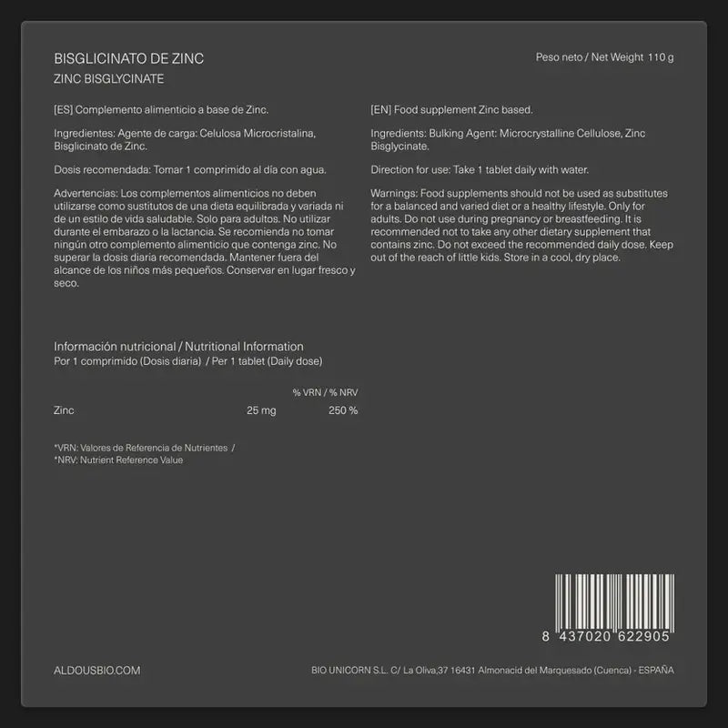 Aldous Bio Zinco bisglicinato 25 Mg, 500 compresse