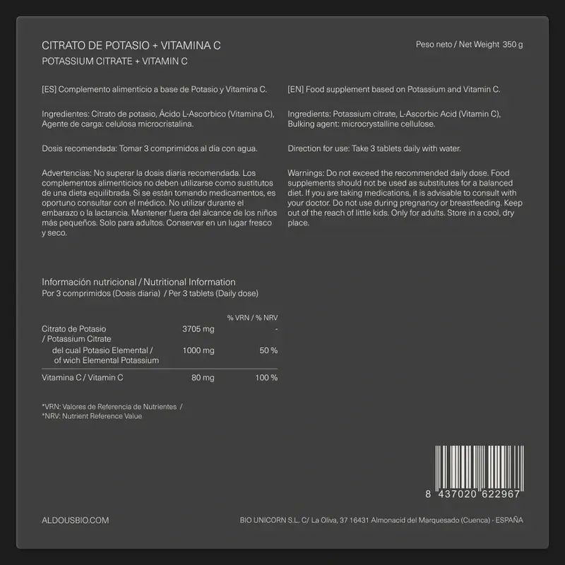 Citrato di potassio Aldous Bio , 250 compresse