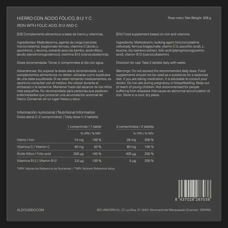 Aldous Bio Ferro Vitamina C, B12 e Acido folico , 200 capsule
