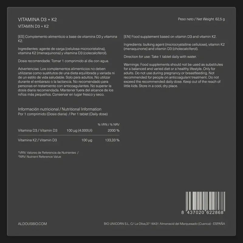 Aldous Bio Vitamina D3 + K2, 250 compresse