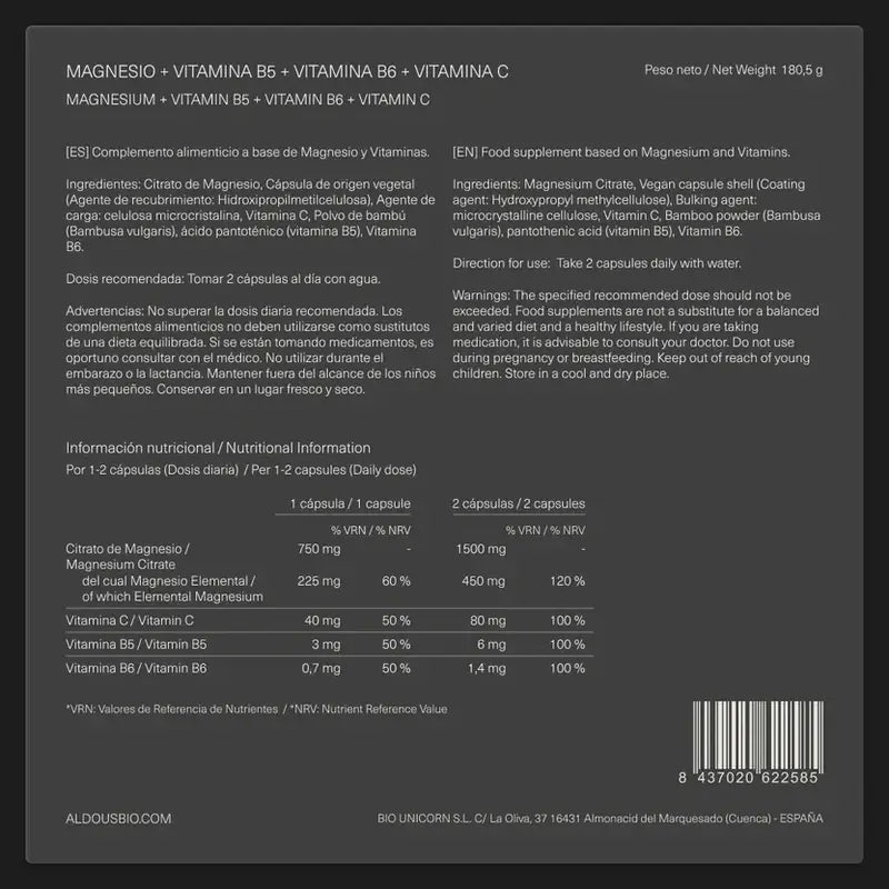 Aldous Labs Integratore alimentare di magnesio con vitamina C, B5 e B6 , 200 capsule