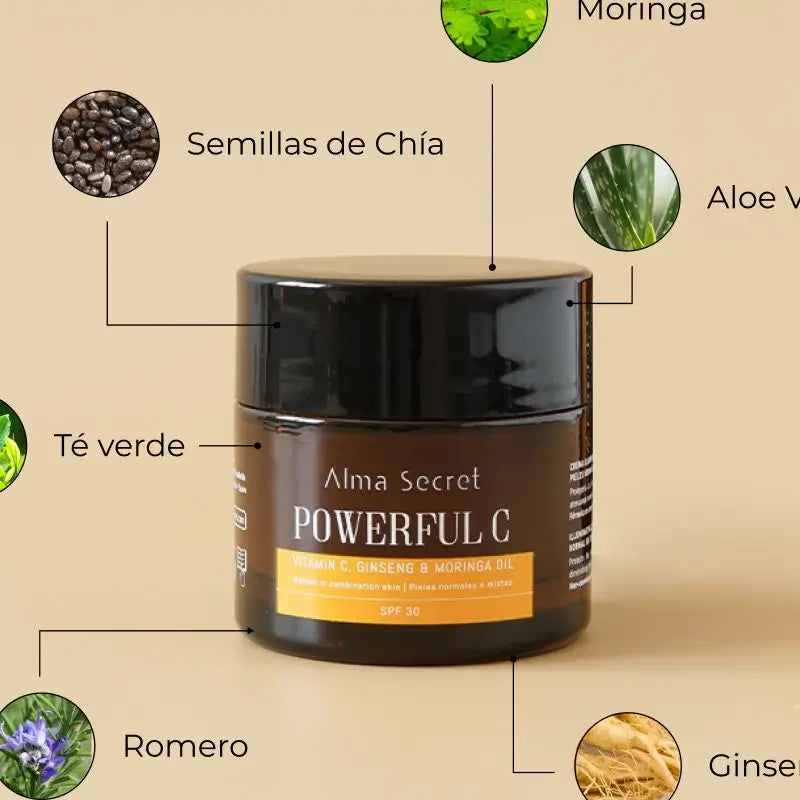 Alma Secret Powerful C Con vitamina C, ginseng e moringa. Spf 30
