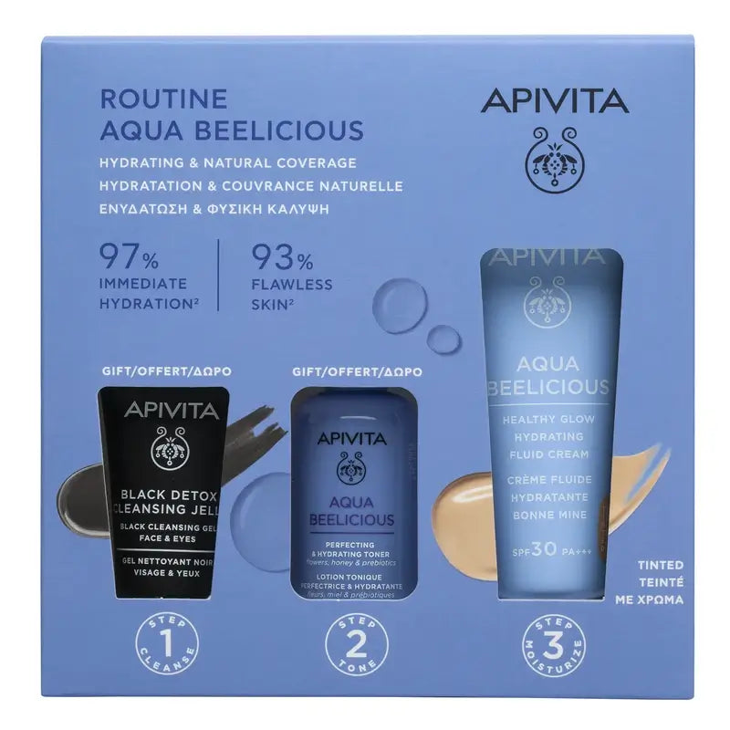 Apivita Aqua Beelicious Crema Fluida Idratante Luminosa Spf30 Colore + Nero Detox 15Ml + Tonico Perfezionatore 50Ml