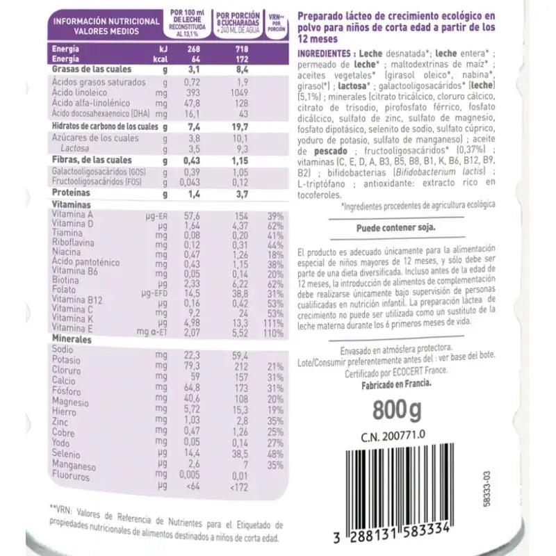 Babybio Optima 3 Latte vaccino 12-36 mesi, confezione da 4 x 800 grammi