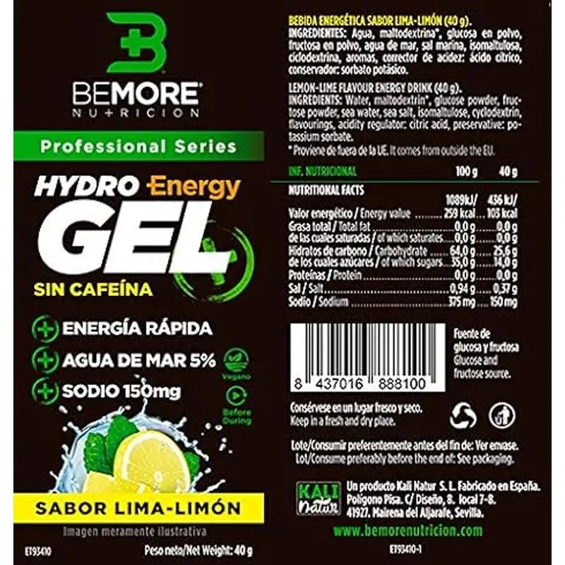 Bemore Nutrition Hydro Gel + Energy al gusto di lime senza caffeina Confezione da 24 pezzi