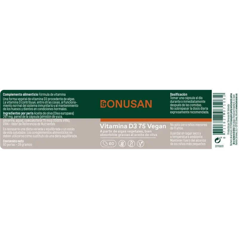 Bonusan Vitamina D3 75 Vegan, 60 perle