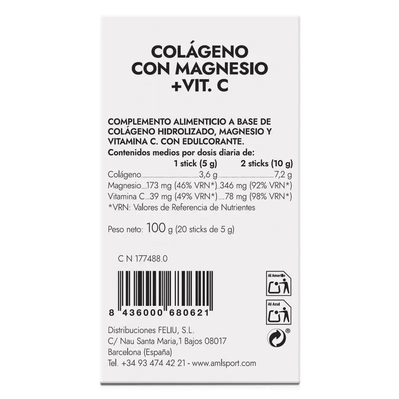 AML SPORT Collagene con Magnesio + Vitamina C gusto fragola, 20 bastoncini
