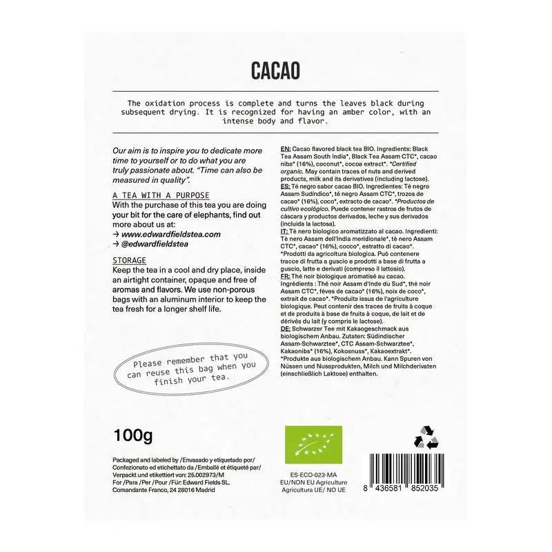 Tè Edward Fields Tè nero biologico sfuso con cacao 50 tazze, 100 grammi