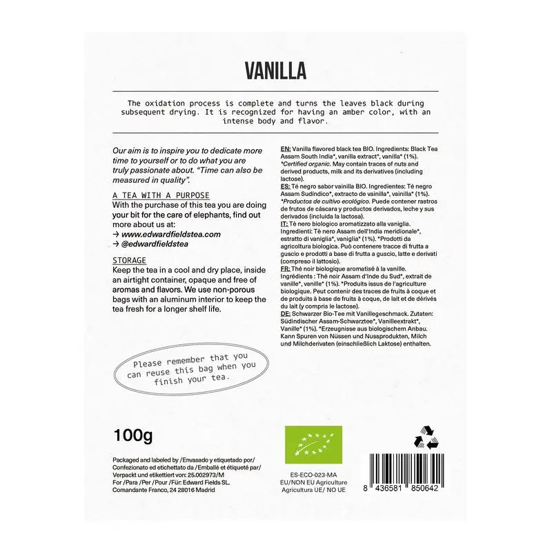 Edward Fields Tea Tè biologico sfuso nero con vaniglia 50 tazze, 100 grammi