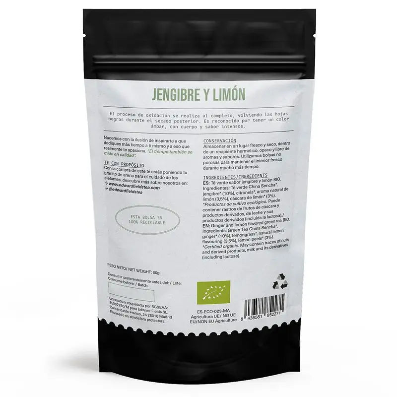 Tè Edward Fields Tè verde biologico sfuso con zenzero e limone 30 tazze, 60 grammi