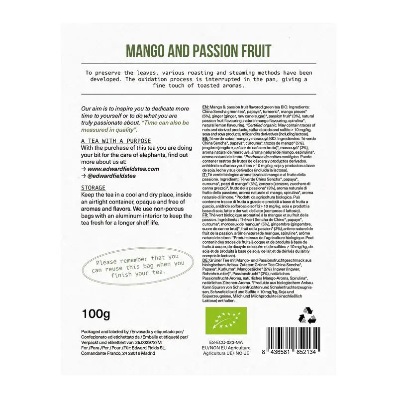 Edward Fields Tea Tè verde biologico sfuso con mango e frutto della passione 50 tazze , 100 grammi