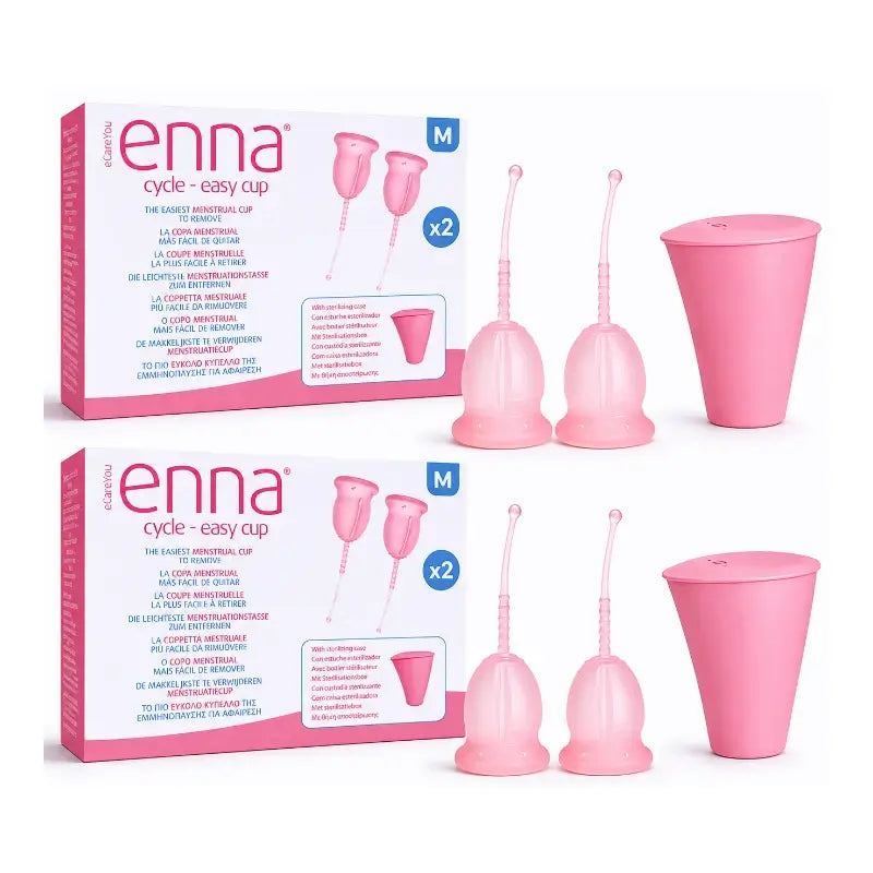 Enna Cycle Easy Coppetta mestruale taglia M, 2 coppette + scatola sterilizzata, confezione da 2 pezzi.