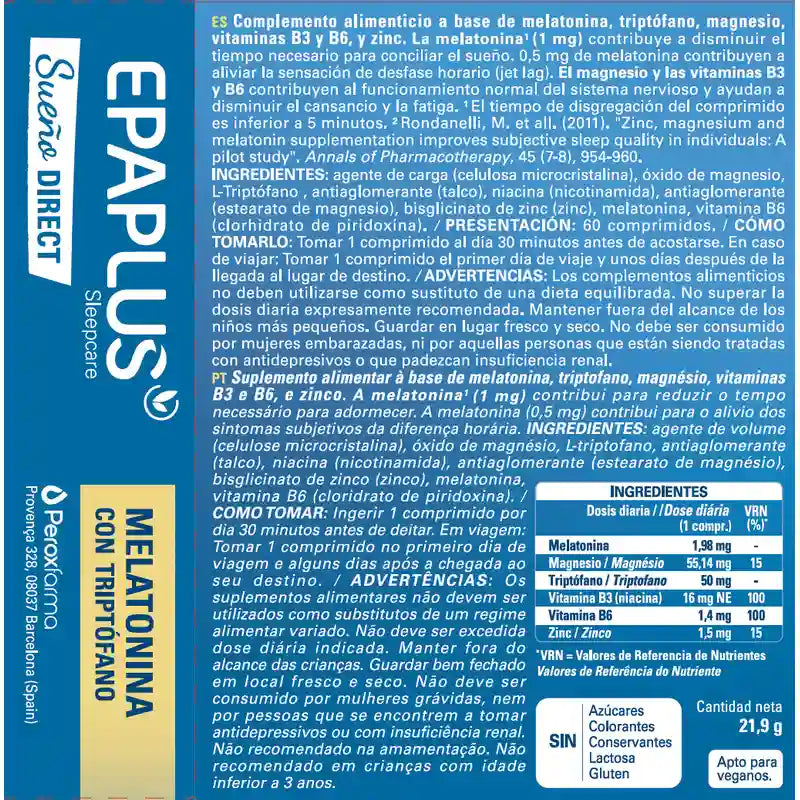 Epaplus Sleepcare Melatonina diretta con triptofano Plus , 60 compresse