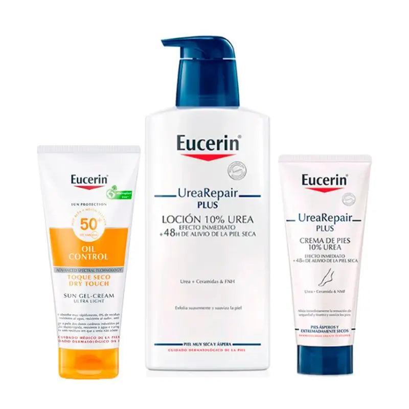Eucerin Pack Dry Touch Crema Gel Spf 50, 200 ml, Crema Piedi Riparatrice 100 ml, Lozione Urea 10% 400 ml