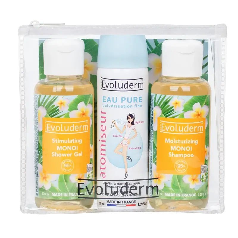 Evoluderm Set da viaggio X3 - Gel doccia-Acqua pura-Shampoo, 100/50/100 ml