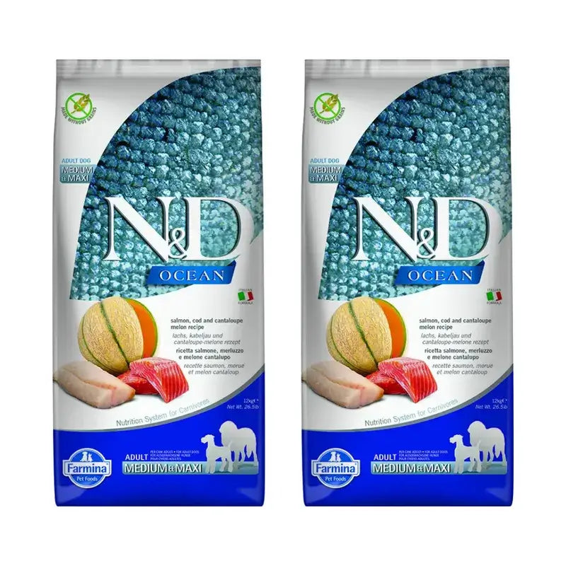 Farmina N&D Dog Ocean Salmon Codfish Medium Maxi 12Kg, cibo per cani, Confezione da 2