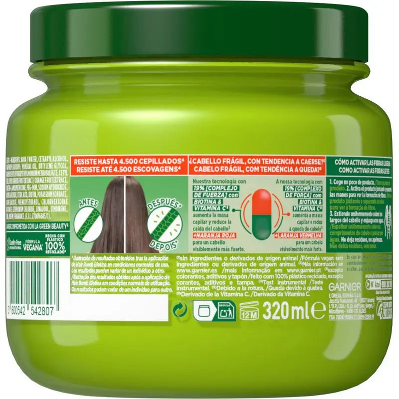 Garnier Fructis Vitamina C Force Hair Bomb Biotina Maschera per capelli ultra-fortificante con arancia rossa 320 Ml.
