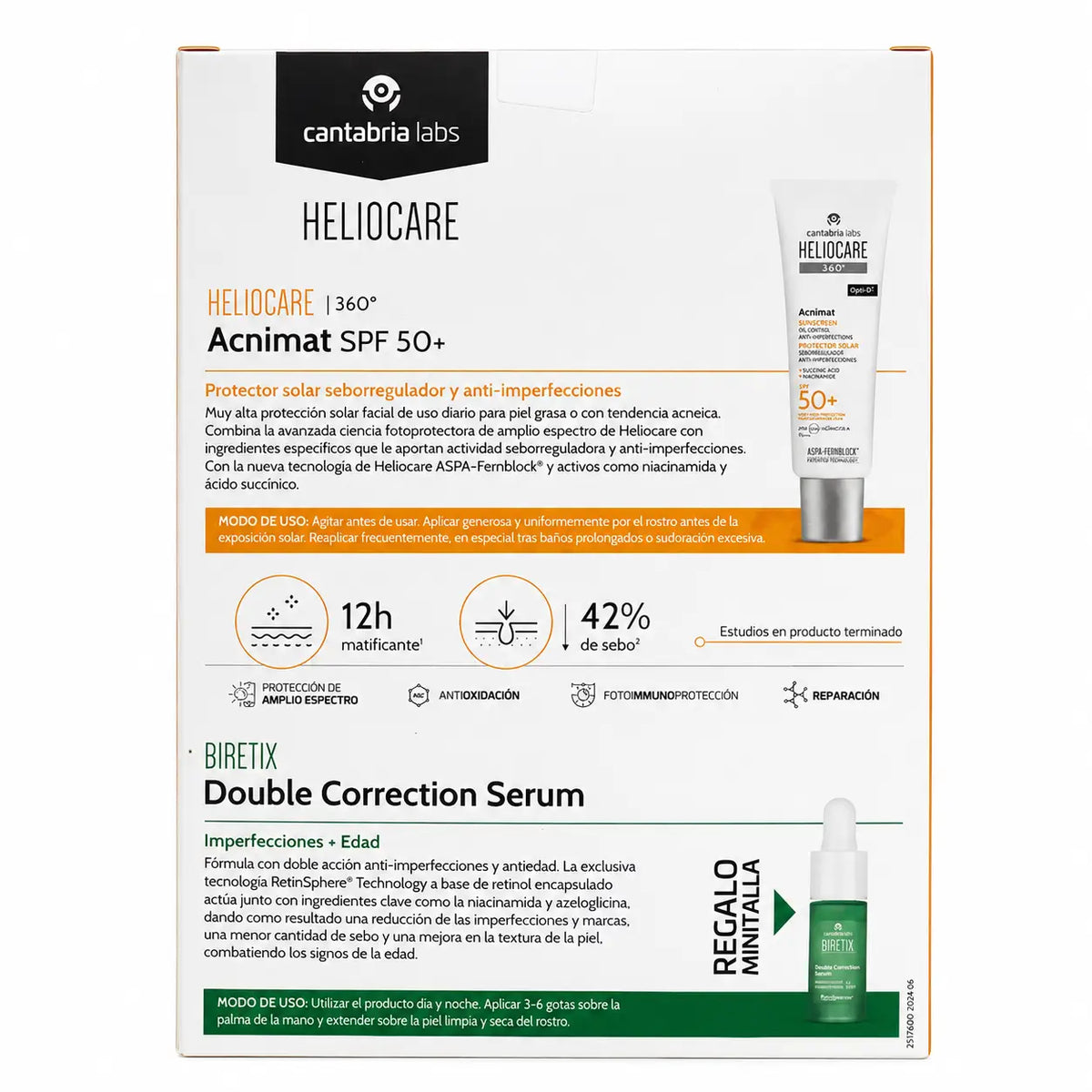Heliocare Pack 360 Acnimat 50Ml+ Minitalla Biretix Double Correction Serum 10 Ml