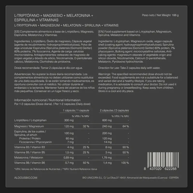 Aldous Labs L-Triptofano Premium Melatonina 1,78 mg Magnesio, 200 capsule vegetali