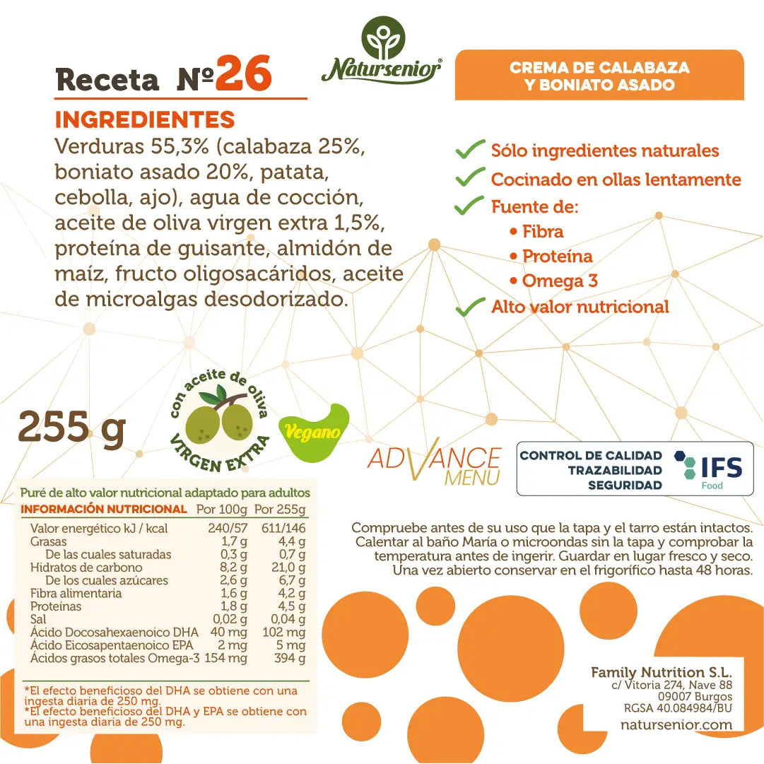 Natursenior Adult Zuppa Vegetale Crema di Zucca e Patate Dolci Arrostite con Omega 3 Dha, Prebiotici e Proteine. 255 gr
