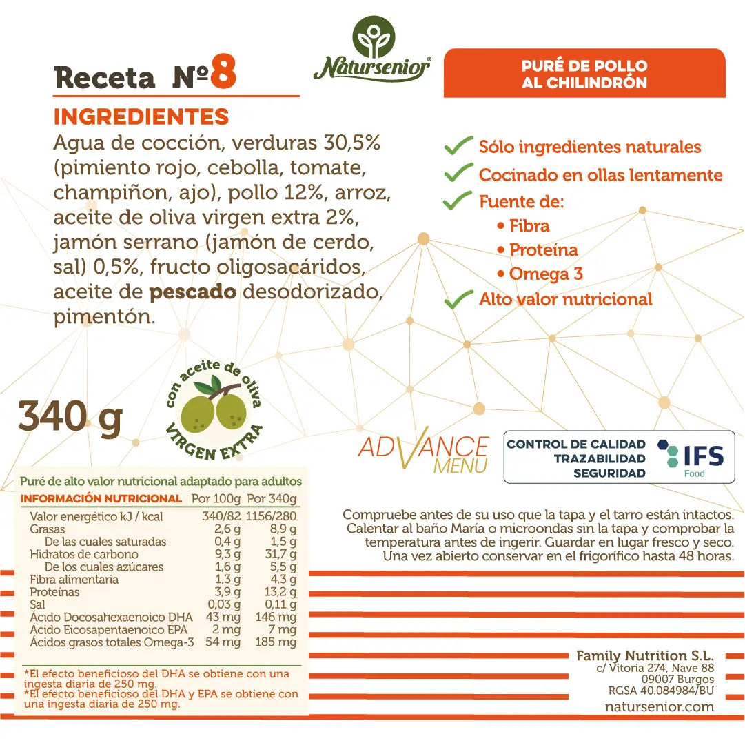 Natursenior Adult Purè di Pollo con Omega 3 Dha+Epa, Prebiotici e Proteine. , 340 gr