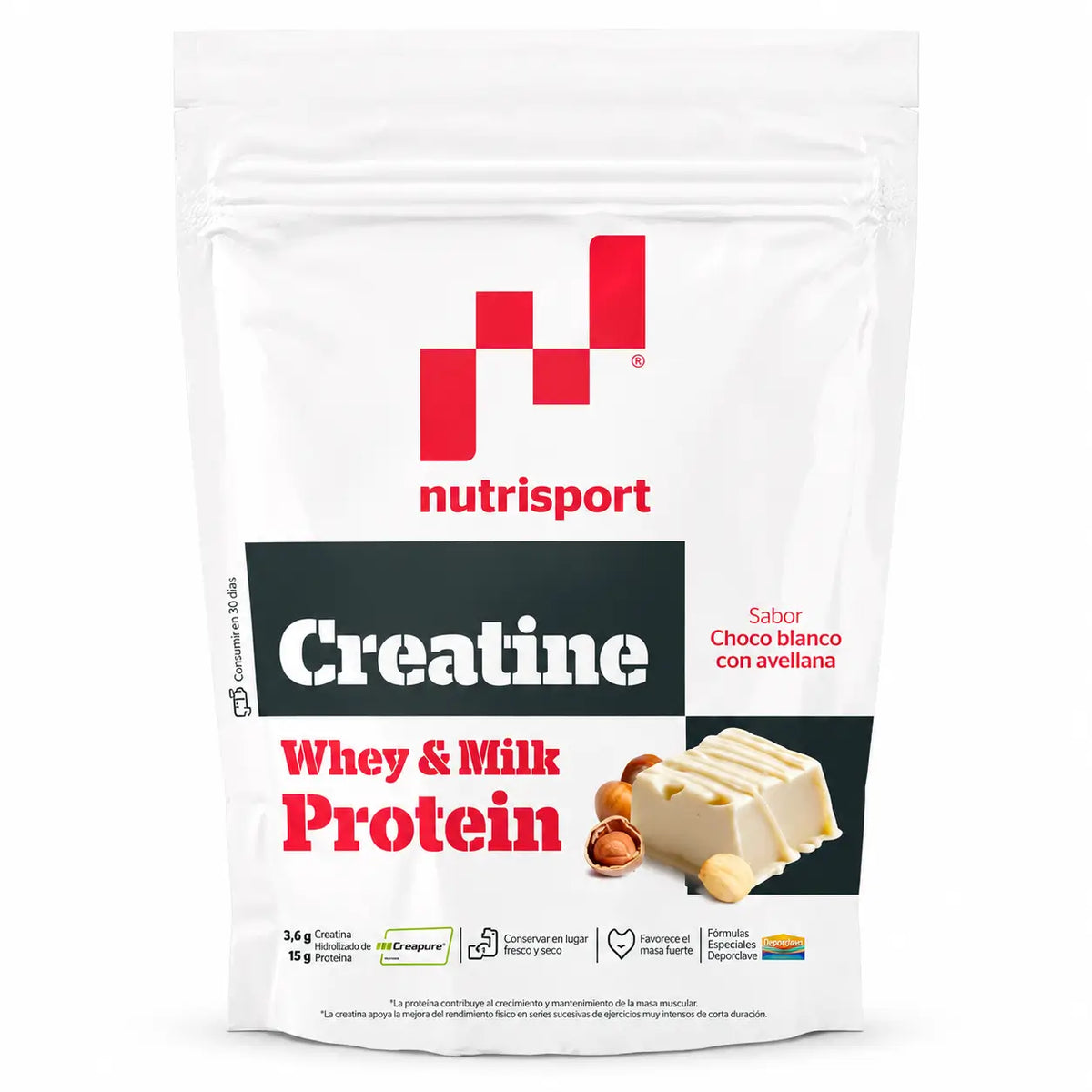 Creatina Creapure e proteine al cioccolato bianco con nocciole, 500 g