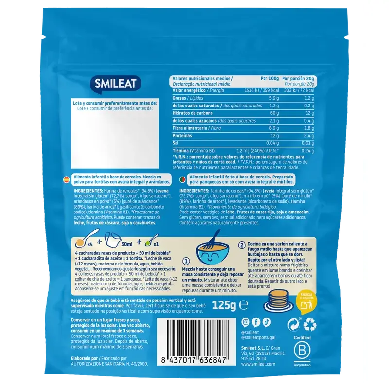 Smileat Mix Integrale Pancake Avena e Mirtilli , 125 g ECO
