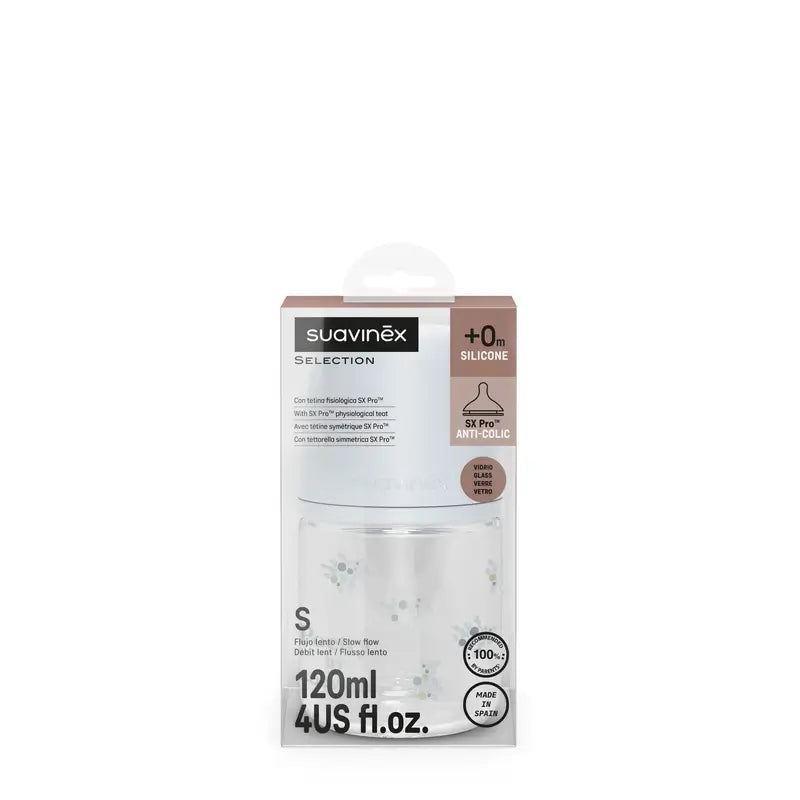 Suavinex Bottiglia di vetro 120 Ml, Flusso lento (S), +0 mesi, Blu Poesia