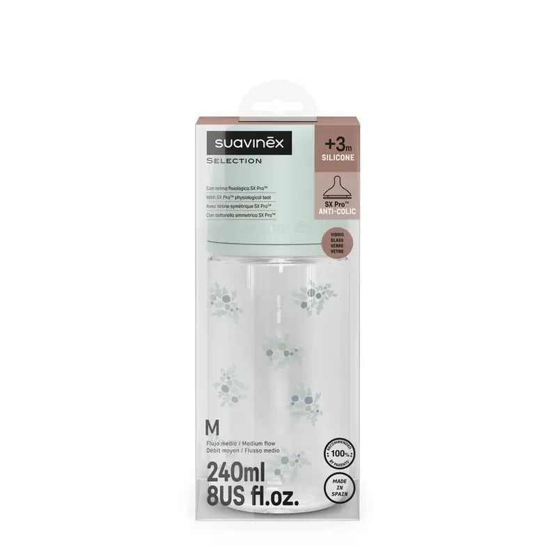 Suavinex Biberon in vetro 240 Ml, flusso medio (M), +3 mesi, Poesia Blu