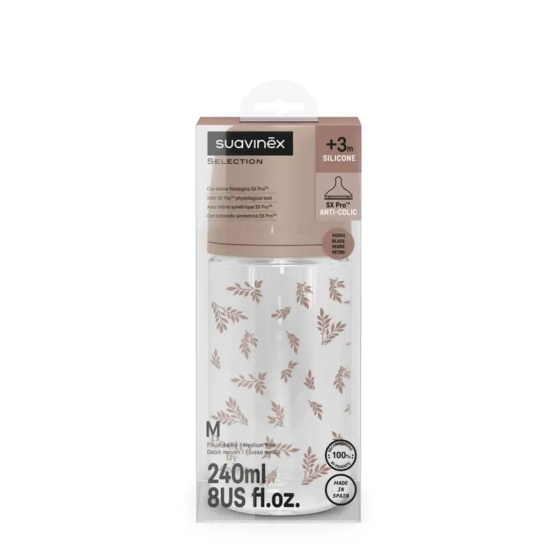 Suavinex Biberon in vetro 240 Ml, flusso medio (M), +3 mesi, Beige poesia