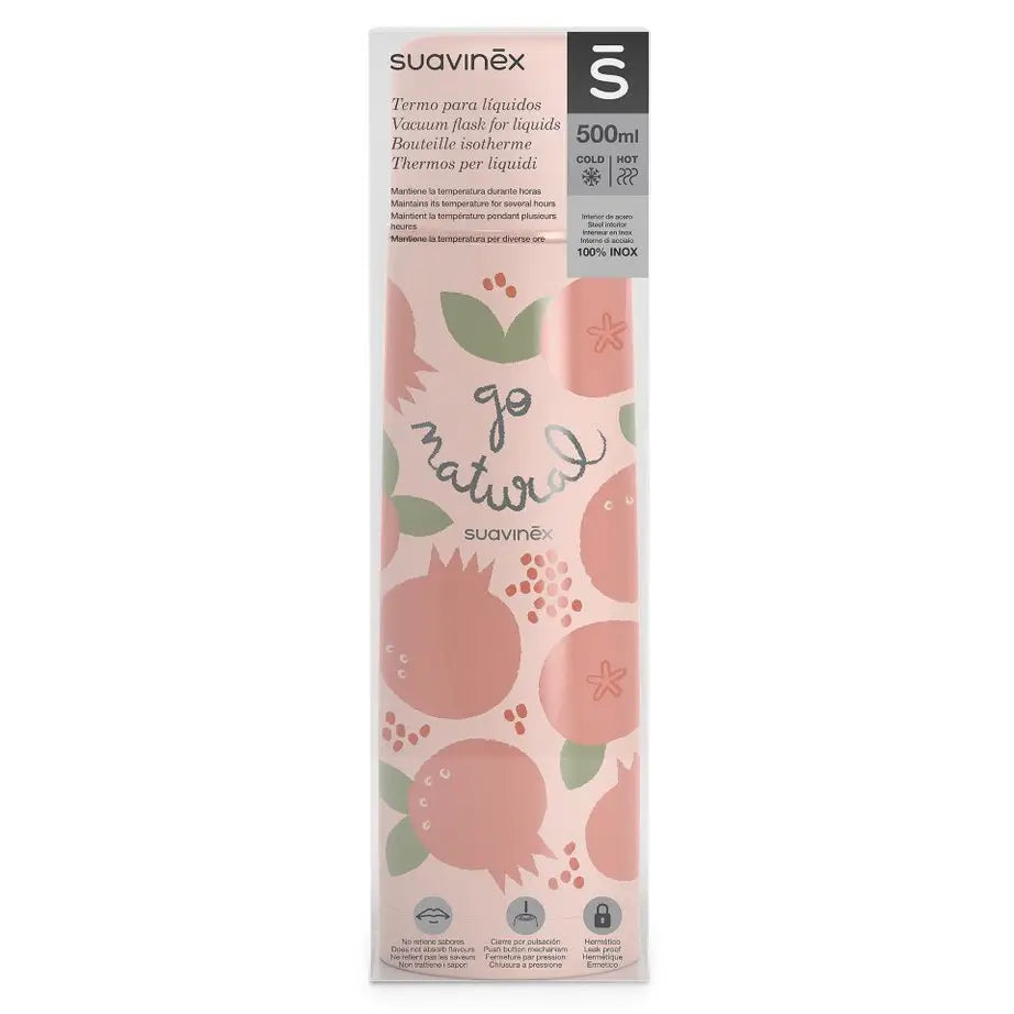 Thermos liquido Suavinex per bambini. Thermos in acciaio inox. Per bevande calde e fredde. 500 Ml. Corallo
