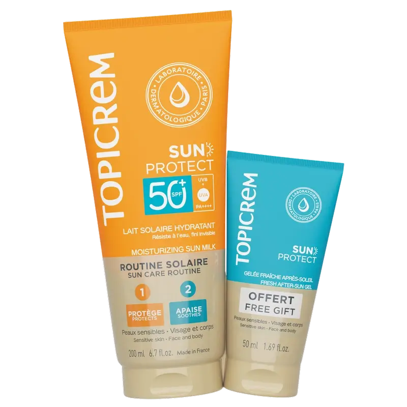 Topicrem Pack Latte solare protettivo per il corpo Spf50+ 200Ml + Doposole 50Ml in omaggio