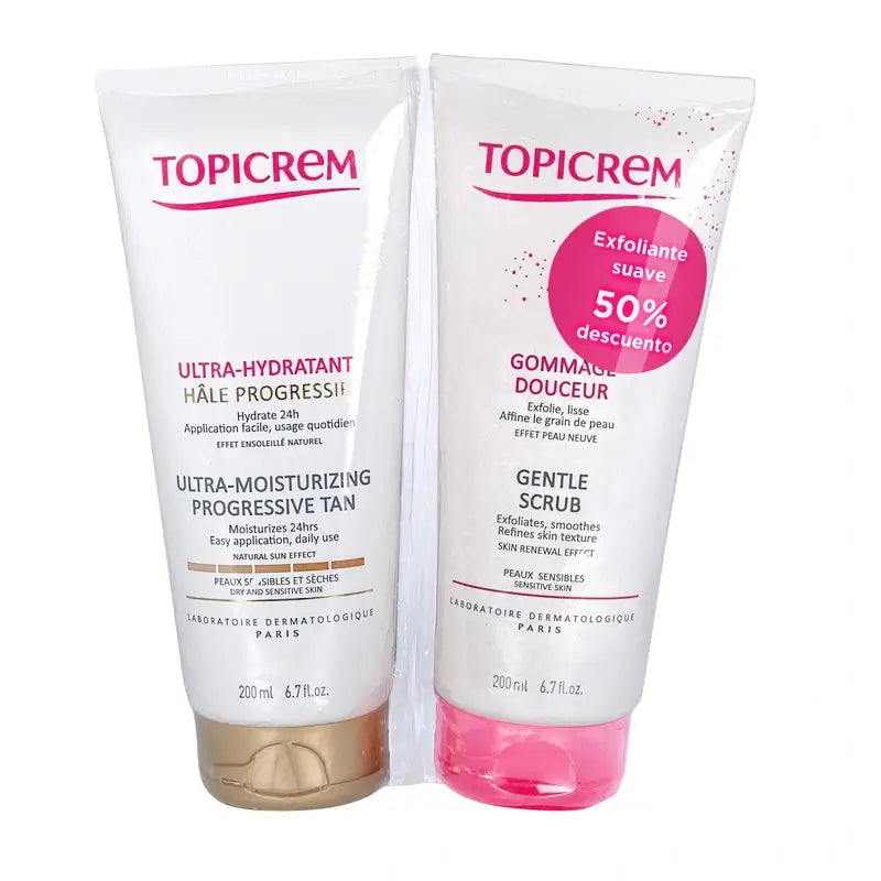 Topicrem Impacco abbronzante progressivo ultra idratante 200 Ml + Gommage esfoliante 200 Ml