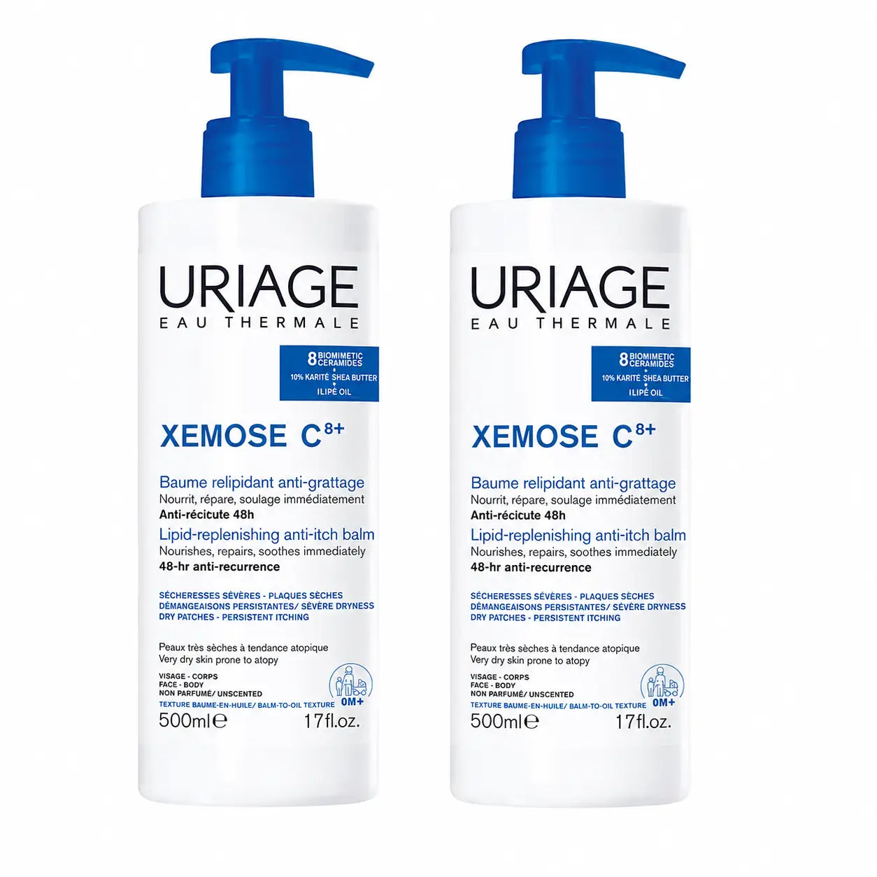 Uriage Xemose C8+ Balsamo relipidizzante antiprurito 500 ml, confezione da 2
