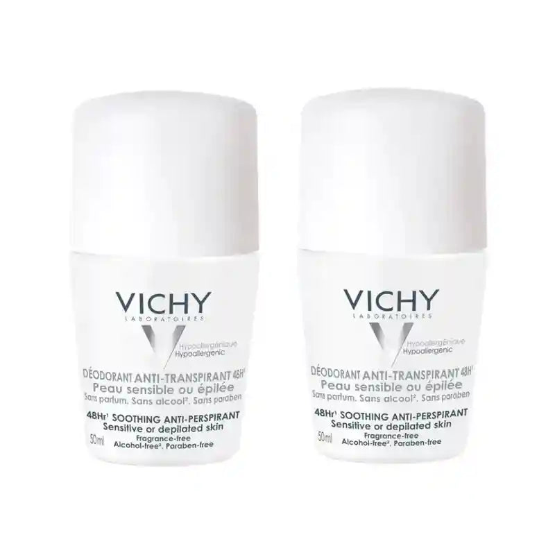 Vichy Deodorante antitraspirante 48H Roll-On Pelle Sensibile, 2X50 Ml