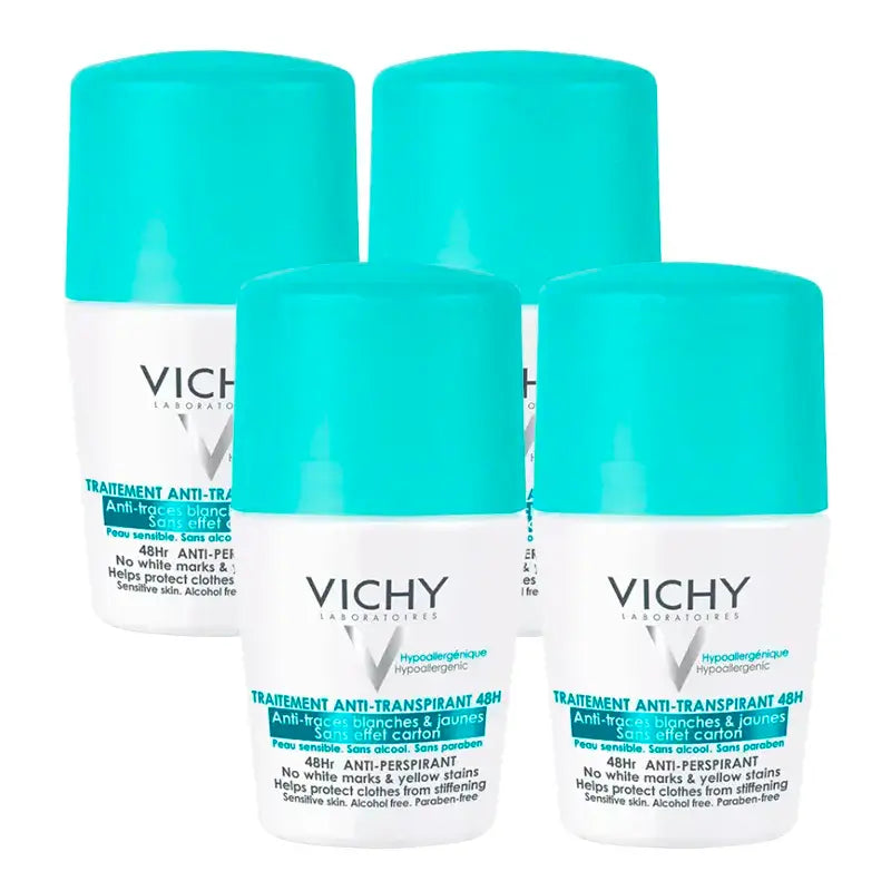 Vichy Deodorante Anti-Traspirante 48H Roll-On Anti-Traspirante, Confezione 4 x 50 ml