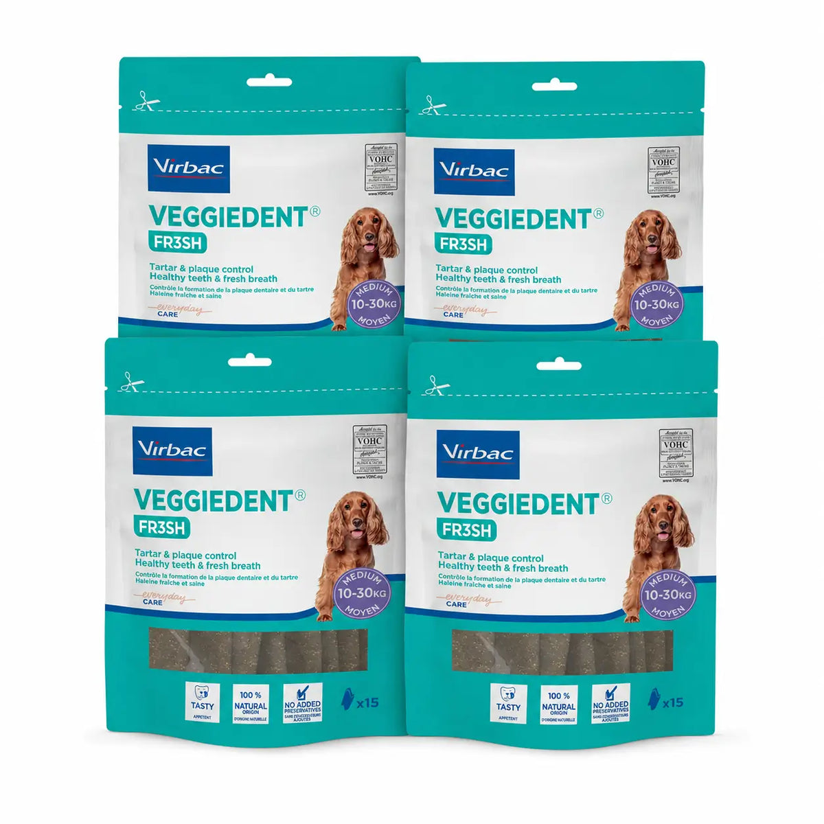 Virbac Veggiedent Fr3sh M, snack dentale per cani di taglia media, confezione da 4 unità