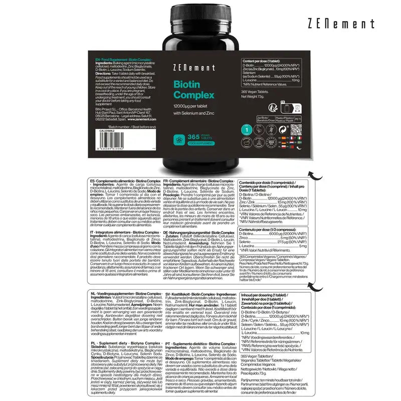 Zenement Biotin Complex con selenio e zinco, 365 compresse vegane