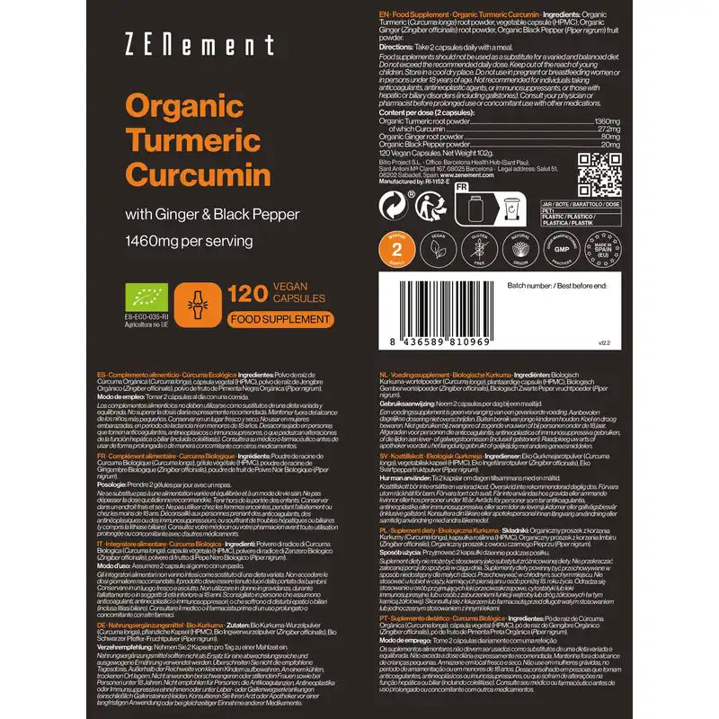 Zenement Curcuma biologica, 120 capsule vegane