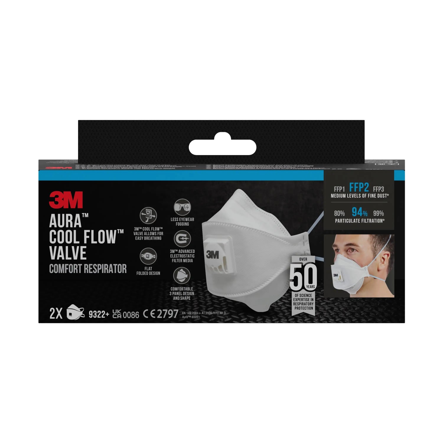 3M™ Maschera antipolvere e antipolvere C/Valvola 9322+ Ffp2, 2 pezzi