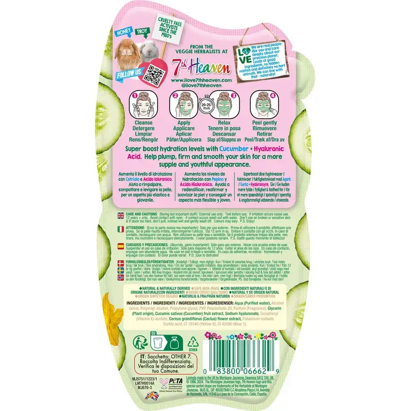 7 Heaven Maschera Peel-Off al cetriolo con acido ialuronico ridensificante e rassodante , 10 ml