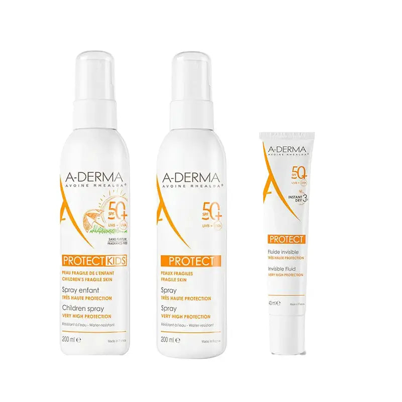 A-Derma Fluido solare invisibile Spf50+ 40 Ml + Spray solare Spf50+ 200 Ml + Spray solare per bambini Spf50+ 200 Ml