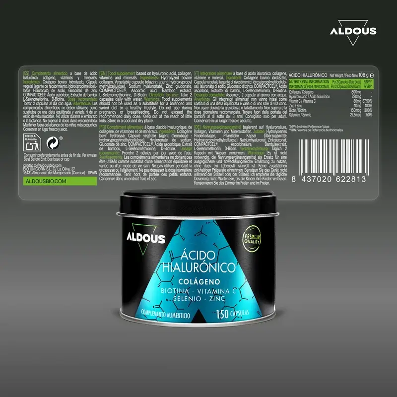 Acido ialuronico Aldous Bio con collagene, vitamine e minerali, 120 capsule