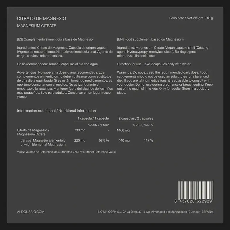 Aldous Bio Citrato di magnesio , 250 capsule