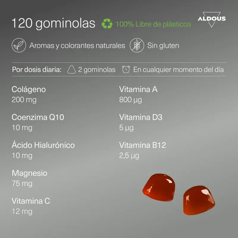 Aldous Bio Collagene idrolizzato con acido ialuronico, coenzima Q10, zinco e vitamine, 120 gummies