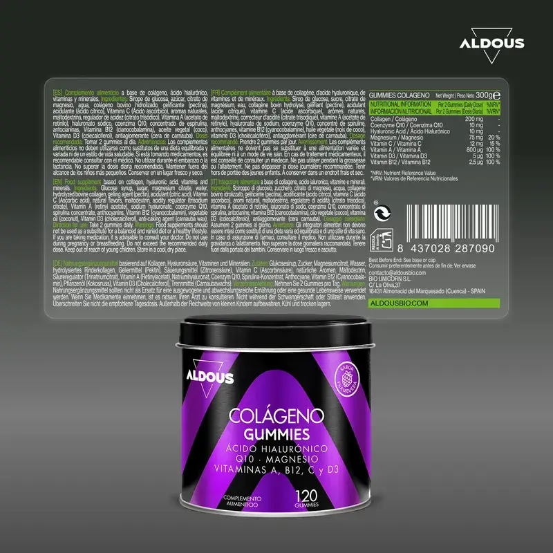Aldous Bio Collagene idrolizzato con acido ialuronico, coenzima Q10, zinco e vitamine, 120 gummies