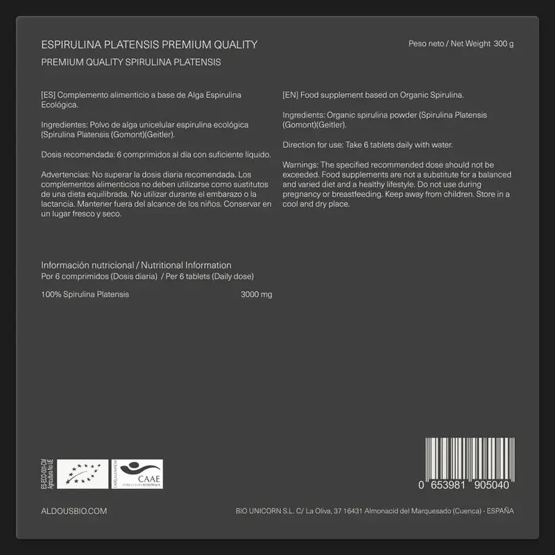 Aldous Bio Spirulina Organic Premium, 600 unità