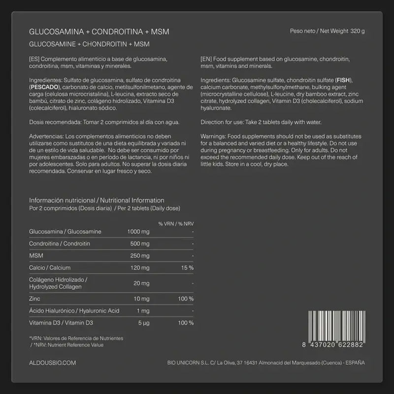 Aldous Bio Glucosamina, condroitina, Msm, collagene, acido ialuronico, zinco, calcio e vitamina D3 , 200 compresse