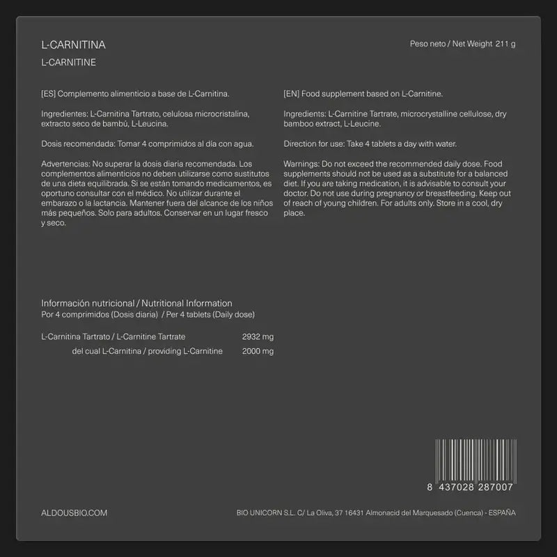 Aldous Bio L Carnitina 2000Mg Integratore pre-allenamento e recupero muscolare, 200 compresse